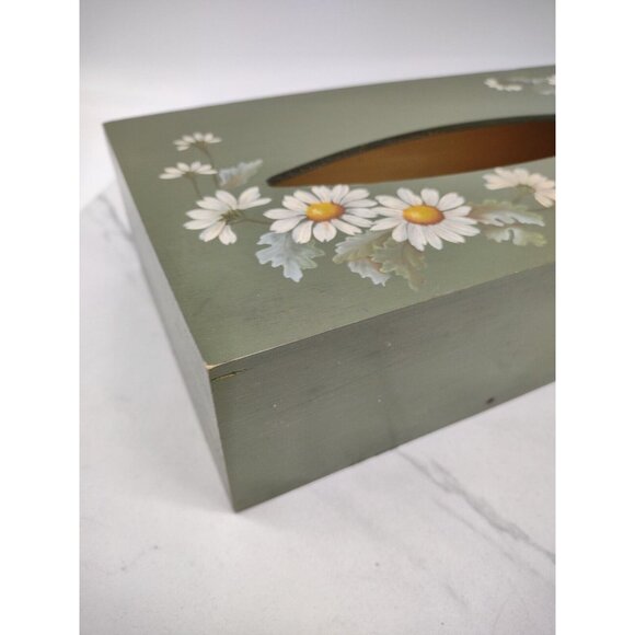 Tole Painted Wooden Tissue Box Cover Rectangle Daisy Floral Hand Painted Green - Picture 12 of 13